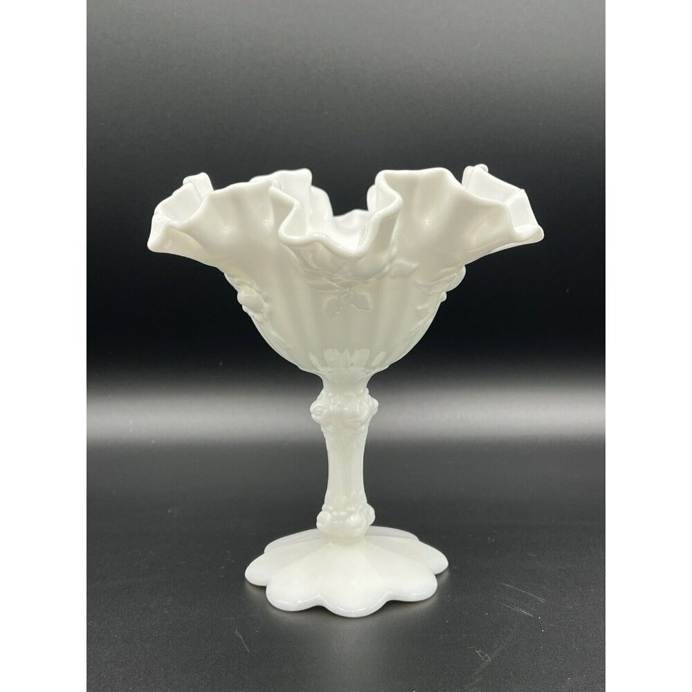 Vintage Fenton Cabbage Rose Roses Milk Glass Compote  Ruffled Bowl 6‎ 1/2"